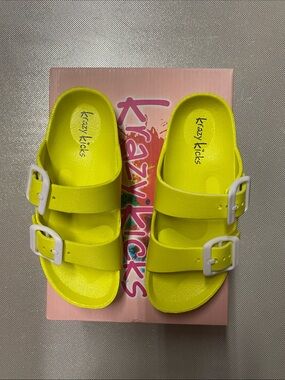 Neon Yellow Double-Buckle Kids Slide Sandals